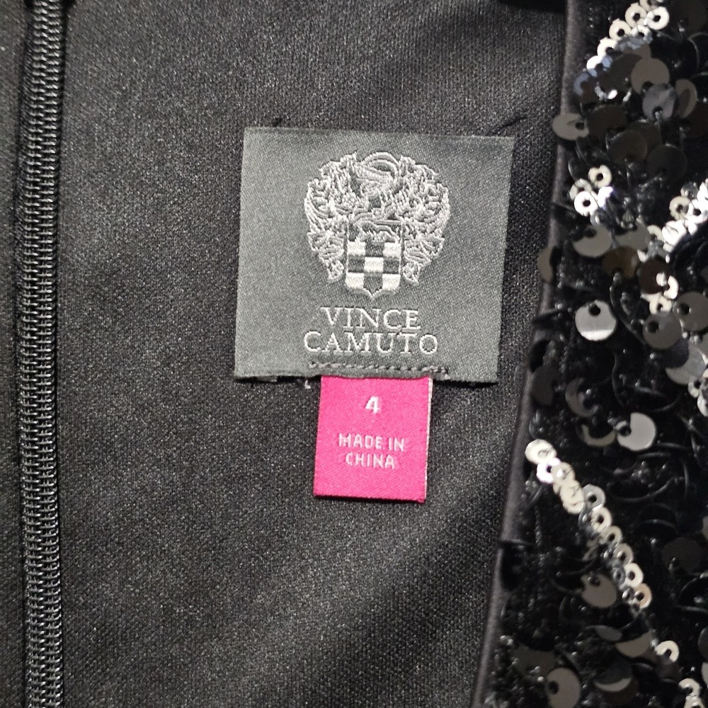 Vince Camuto Women Dress 4 Black Mini Capped Sleeve Deep Vneck Sheath Sequin 748 - Picture 7 of 15